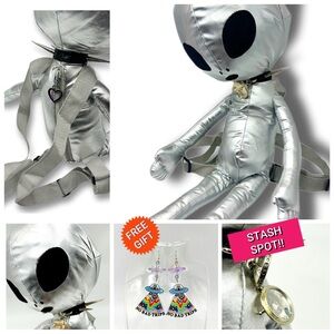 Metallic Silver Alien Backpack With Punk/Goth Spike Choker and Spaceship Pendant